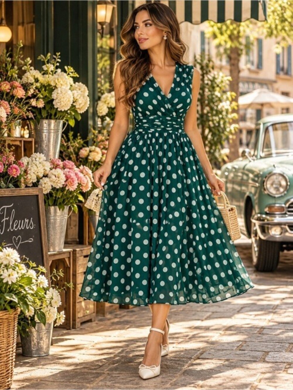 Yumi Green White Polka Dot Midi Dress US 12 NWT Retro Pinup Ruched Waist